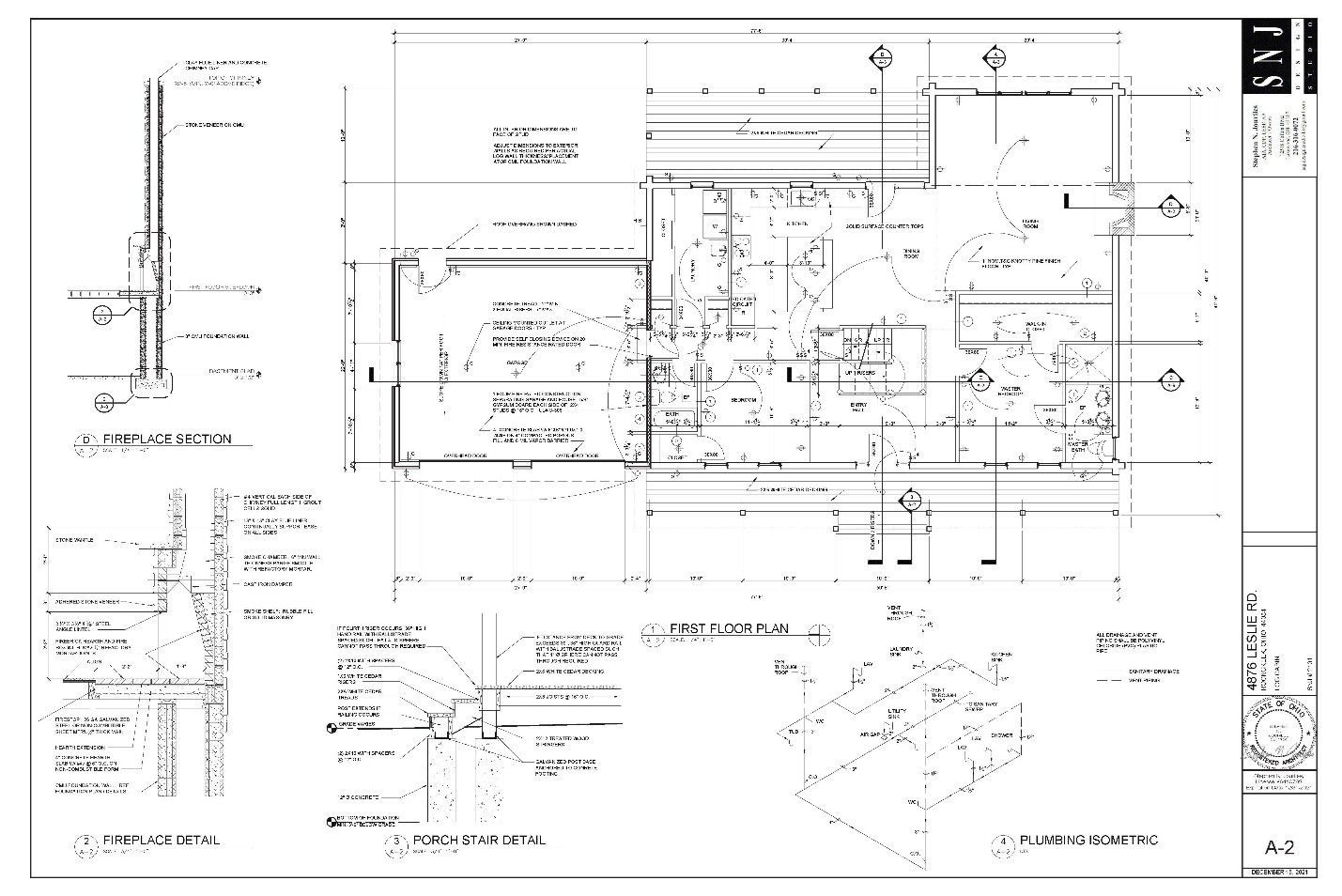 Architectural blueprint with floor plan, details, and sections.