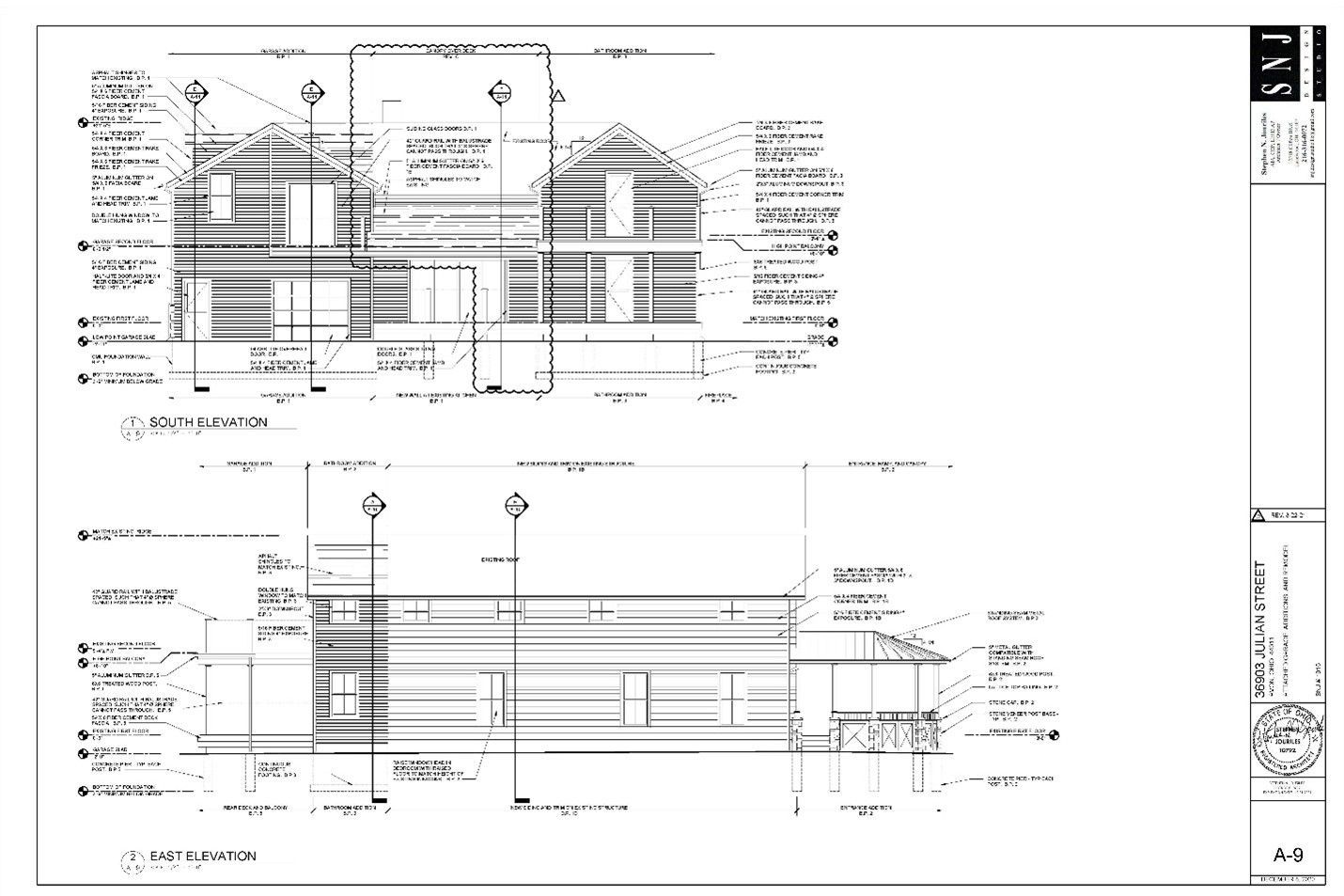 Architectural drawings of a building's elevations, showing detailed exterior features, including windows and roof structures.