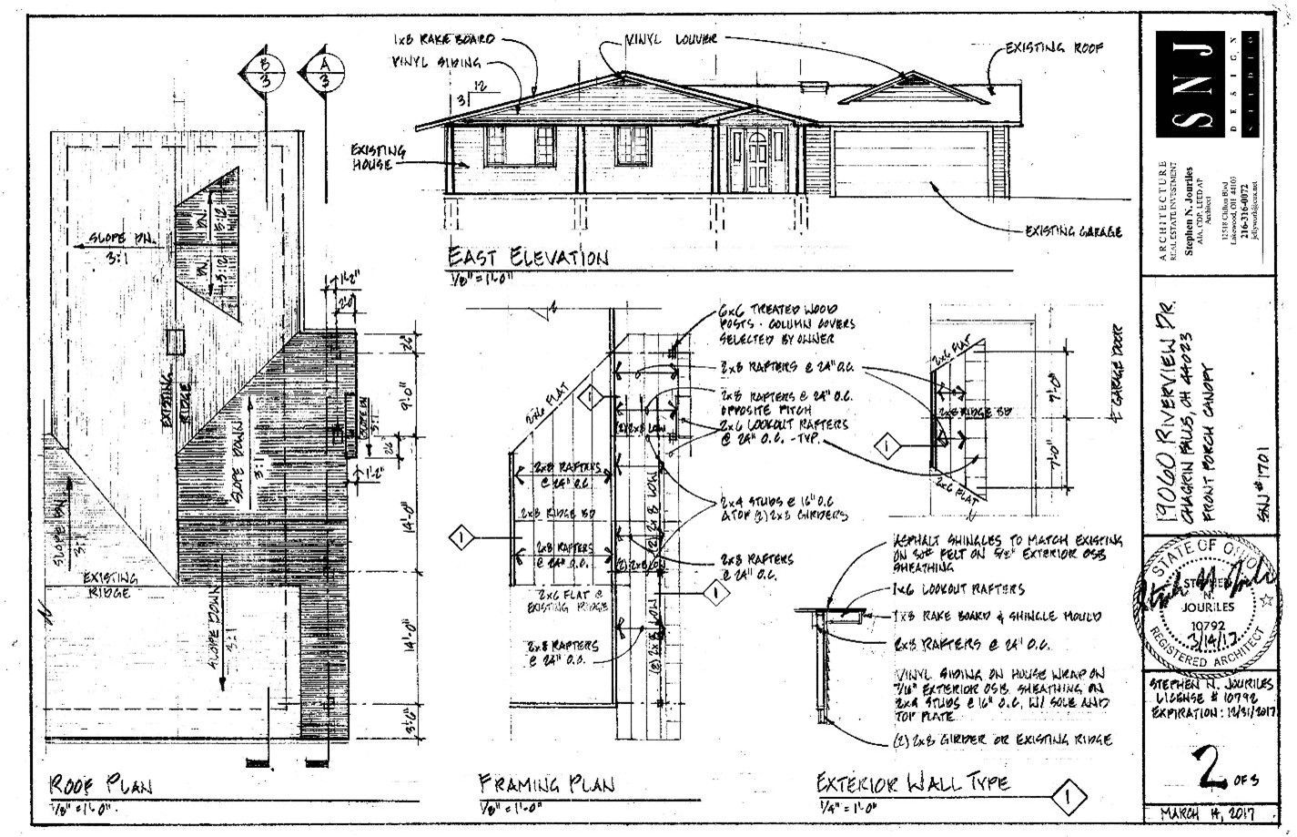 Architectural blueprint of a house with different views: front elevation, roof plan, wall detail, and foundation plan.