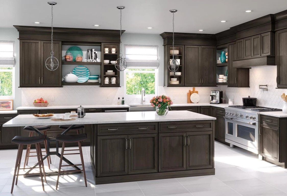 Kitchen with grey cabinets and countertops