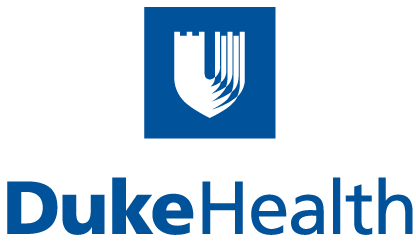 The logo for duke health is a blue square with a shield on it.