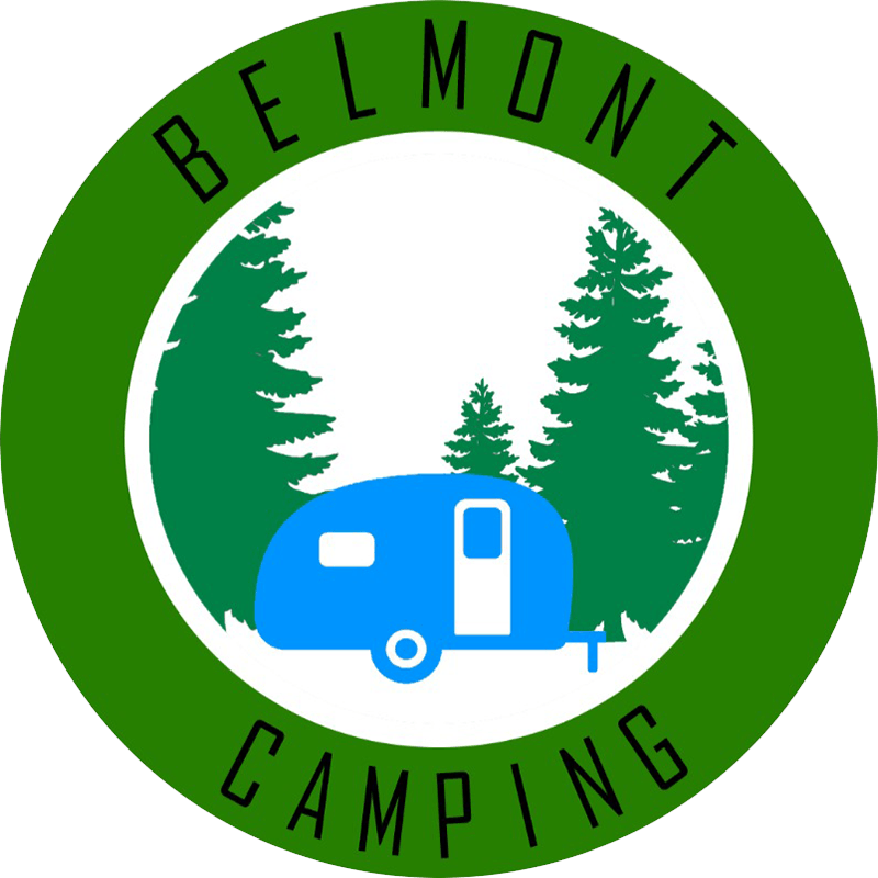 Belmont Camping logo: blue camper, green trees, and text in a green circular frame.