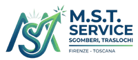 Logo del servizio MST con iniziali stilizzate verde-blu e testo “Sgomberi, Traslochi” per Firenze-Toscana