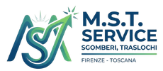 Logo del servizio MST con iniziali stilizzate verde-blu e testo “Sgomberi, Traslochi” per Firenze-Toscana