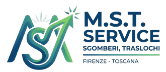 Logo del servizio MST con iniziali stilizzate verde-blu e testo “Sgomberi, Traslochi” per Firenze-Toscana