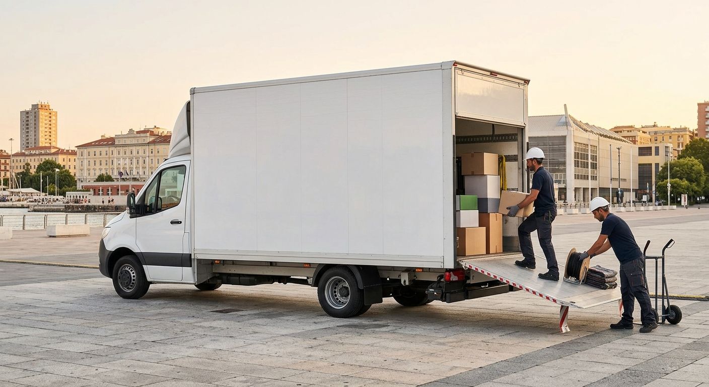 Al tramonto, due traslocatori scaricano degli scatoloni da un camion bianco in un piazzale aperto.