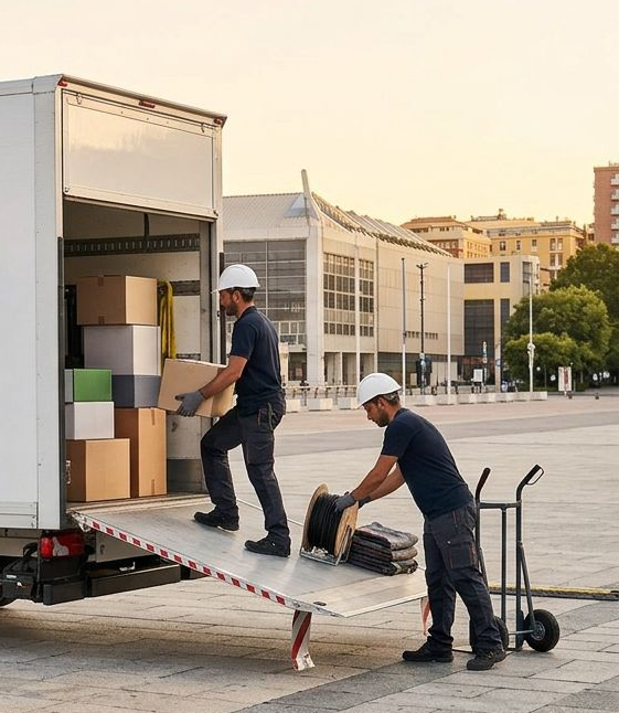 Due traslocatori caricano scatole su un camion utilizzando una rampa in un contesto urbano.
