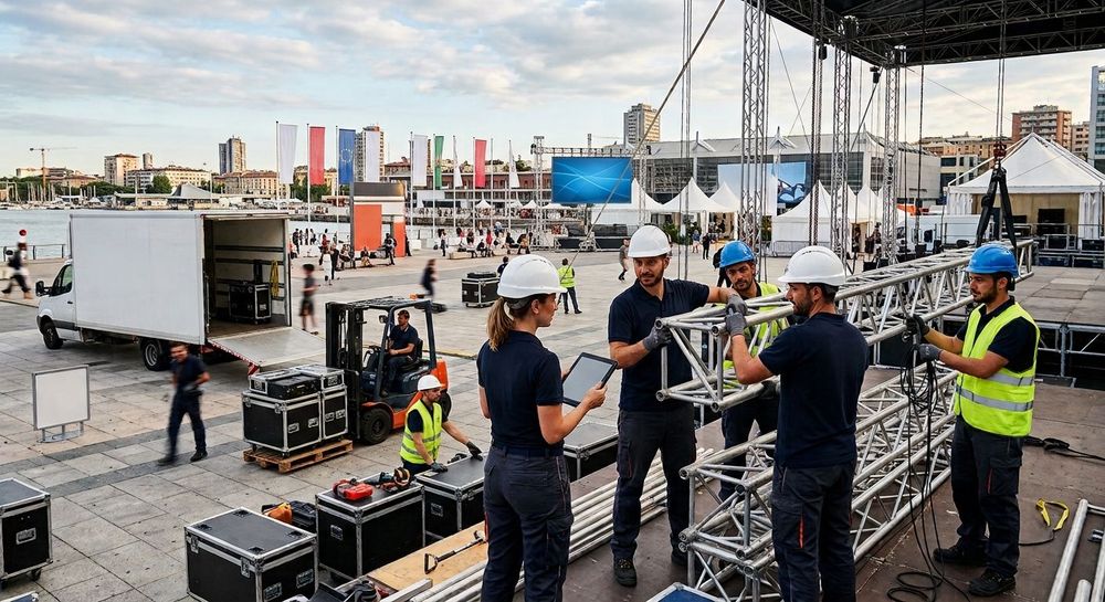Operai con giubbotti e caschi di sicurezza allestiscono le attrezzature sceniche in un'area adibita a evento all'aperto.