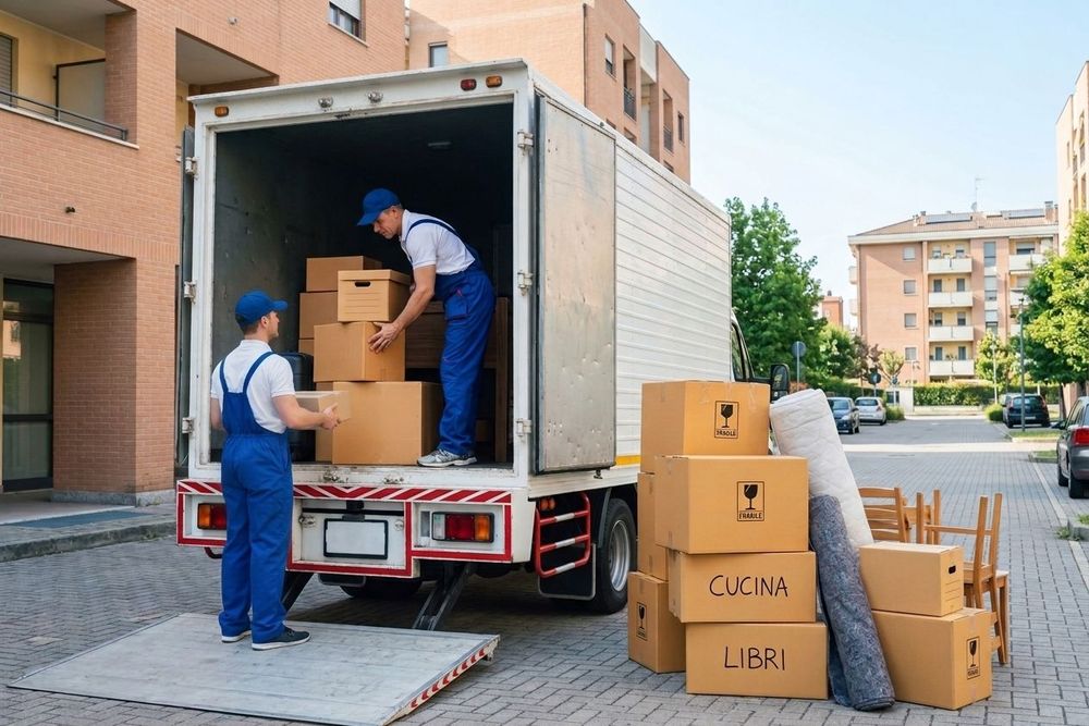 Traslocatori caricano scatole di cartone su un camion per le consegne in una strada adiacente a dei condomini.