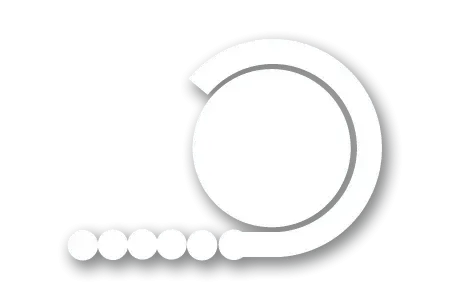 Minimalist white circular graphic with six small white dots along the bottom left edge