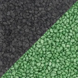 Diagonal split of black and green pebbles, with a textured stone-like surface.