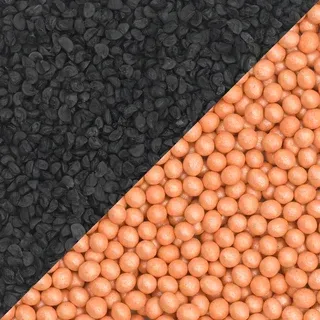 Diagonal split of black stones and orange spheres