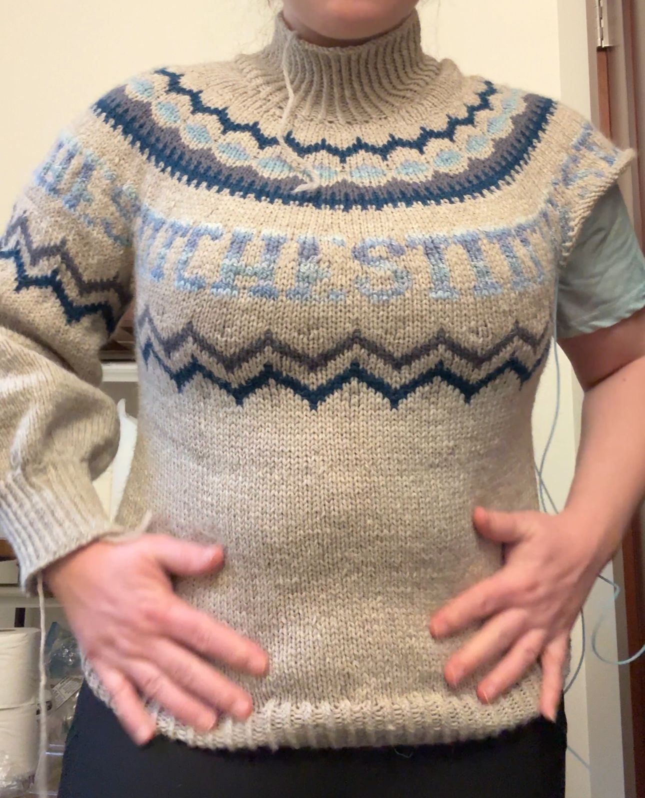 woman wearing incomplete knitted sweater