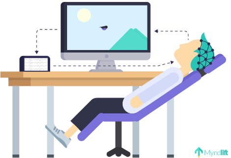 A person is laying in a chair in front of a computer.