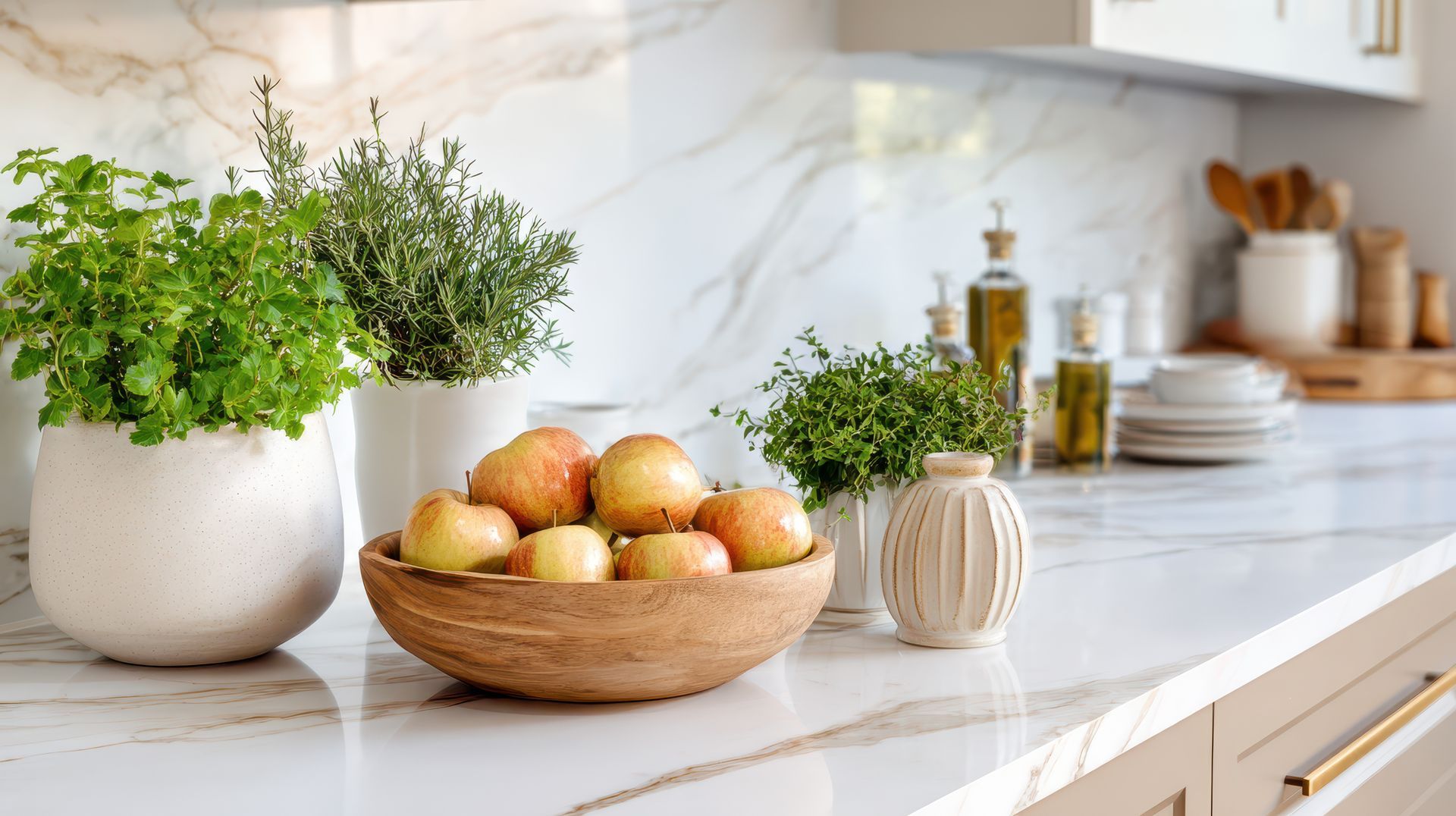 White kitchen counter with potted herbs, a bowl of fruit, and stacked dishes on the right