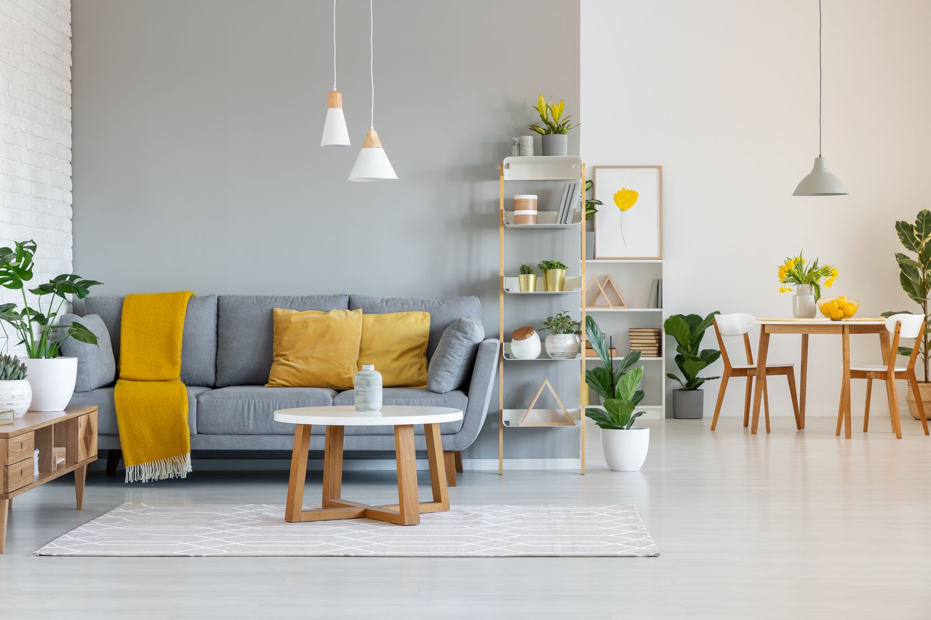 Modern gray living room with mustard accents, coffee table, shelves, and a dining area with plants