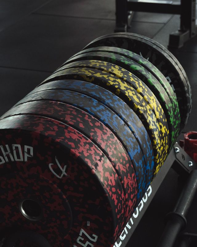 Dischi per pesi colorati impilati su una rastrelliera in palestra.