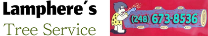 Lamphere's Tree Service logo featuring a cartoon character holding a phone number in blue text against a red background.