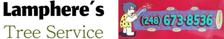 Lamphere's Tree Service logo featuring a cartoon character holding a phone number in blue text against a red background.