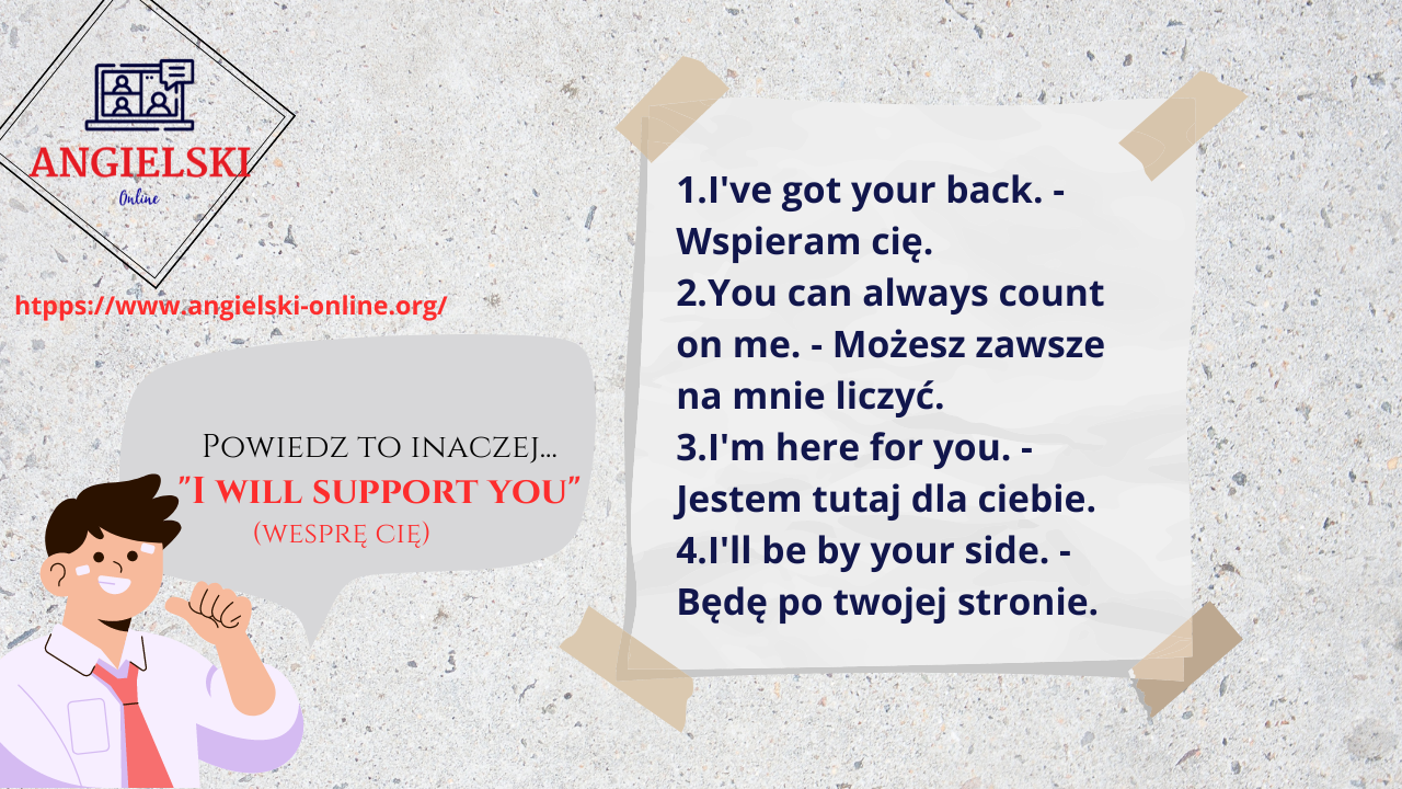 Zestaw fiszek „Powiedz to inaczej” – synonimy dla angielskiego wyrażenia I WILL SUPPORT YOU (I've got your back, I'm here for you). Materiały do nauki angielskiego od Angielski Online.