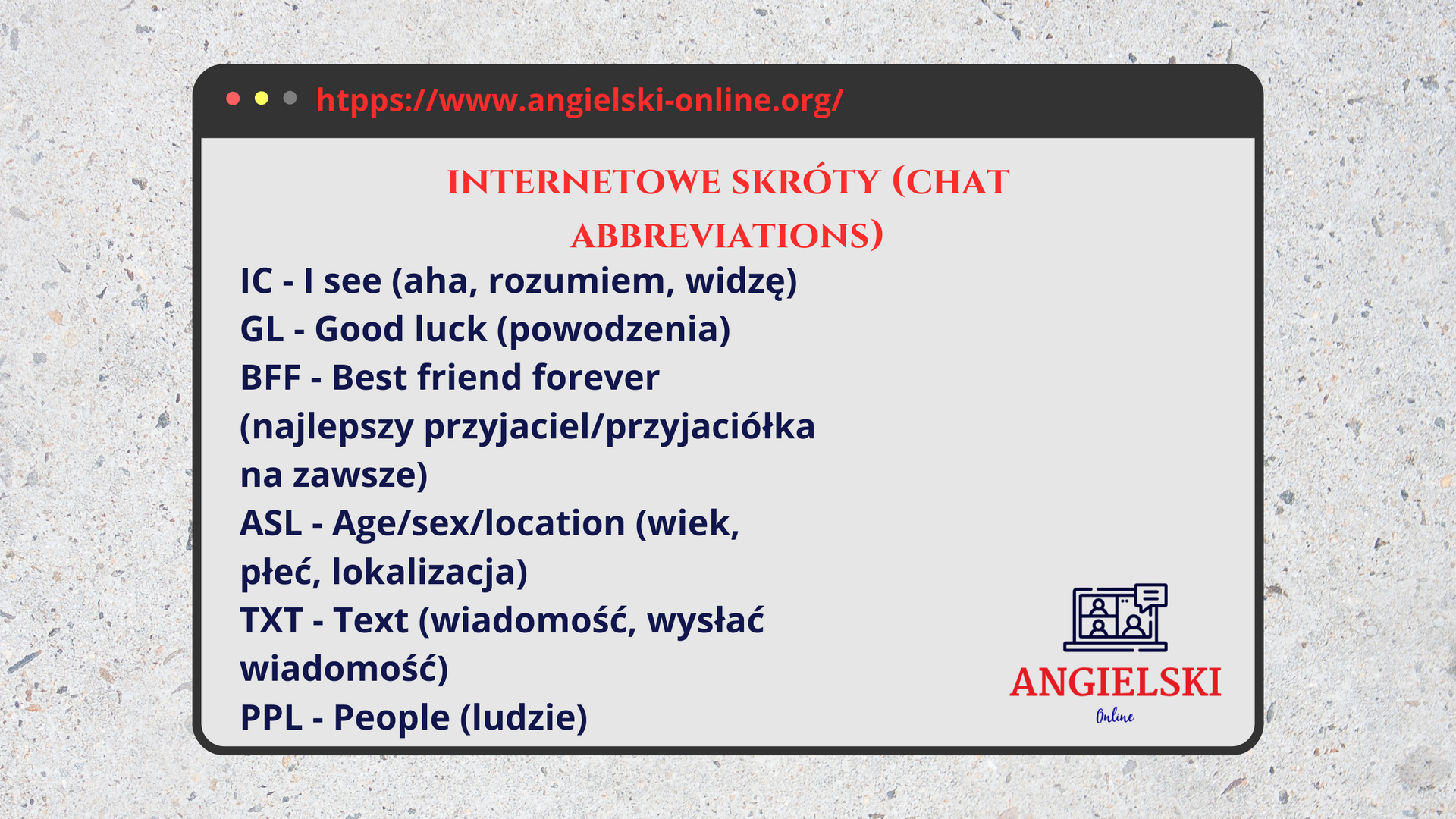 Zestaw fiszek „Skróty internetowe” – angielskie skróty używane w sieci (IC, GL, BFF, ASL). Materiały do nauki angielskiego od Angielski Online.