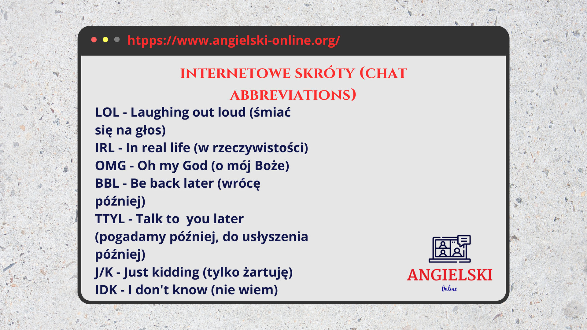 Zestaw fiszek „Skróty internetowe” – popularne angielskie skróty internetowe (LOL, IRL, OMG, TTYL). Materiały do nauki angielskiego od Angielski Online.