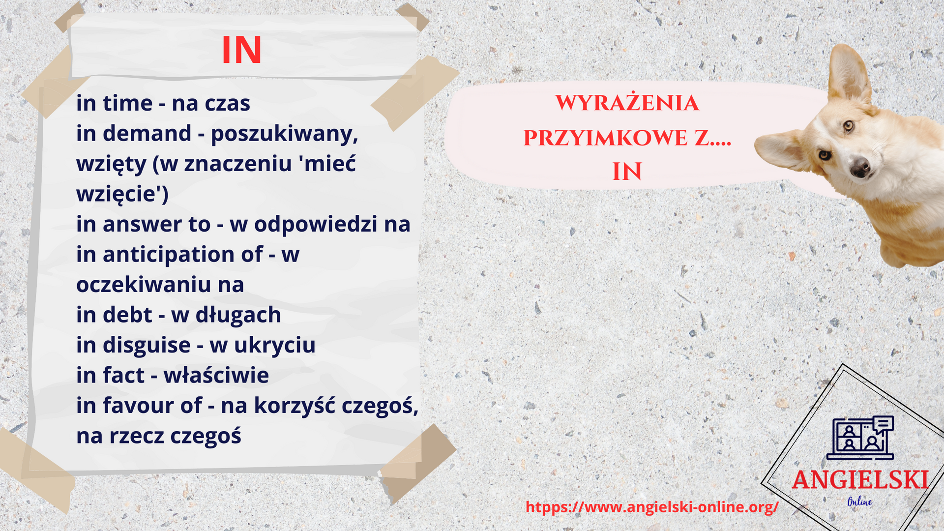 Zestaw fiszek „Wyrażenia przyimkowe” – angielskie zwroty z przyimkiem IN (in time, in demand, in debt). Materiały do nauki angielskiego od Angielski Online.