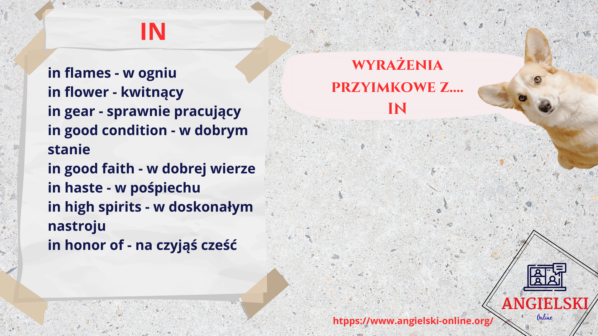 Zestaw fiszek „Wyrażenia przyimkowe” – angielskie zwroty z przyimkiem IN (in flames, in good condition, in haste). Materiały do nauki angielskiego od Angielski Online.