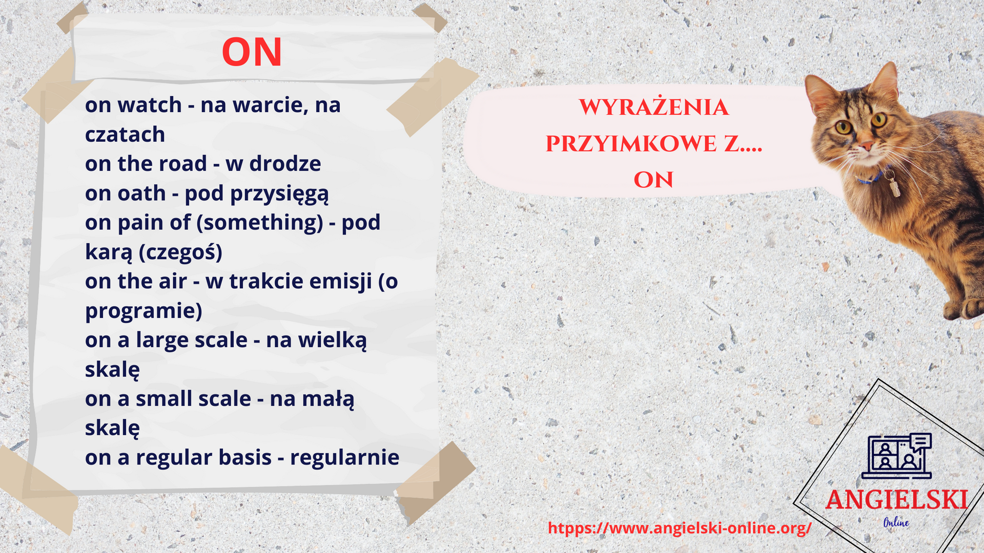Zestaw fiszek „Wyrażenia przyimkowe” – angielskie zwroty z przyimkiem ON (on watch, on the road, on a regular basis). Materiały do nauki angielskiego od Angielski Online.