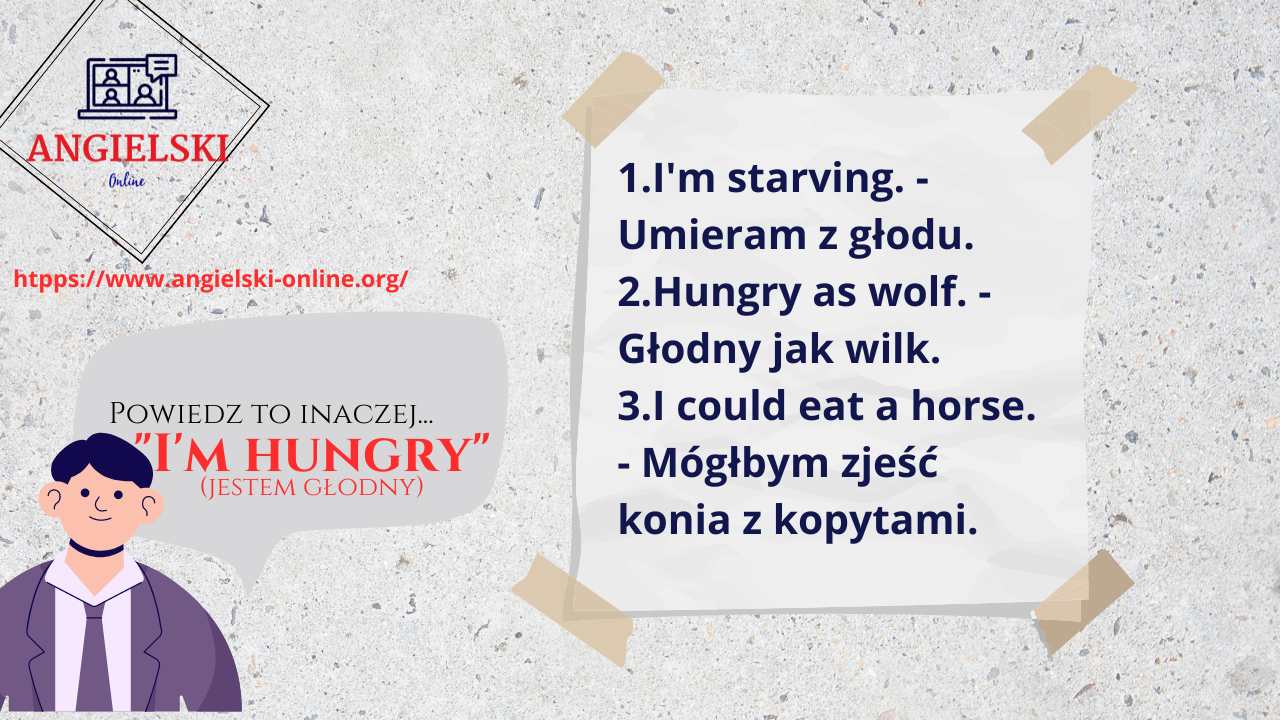 Zestaw fiszek „Powiedz to inaczej” – synonimy dla angielskiego wyrażenia I'M HUNGRY (I'm starving, Hungry as wolf). Materiały do nauki angielskiego od Angielski Online.