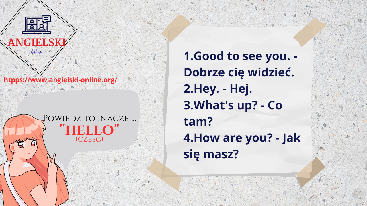 Zestaw fiszek „Powiedz to inaczej” – synonimy dla angielskiego wyrażenia HELLO (Good to see you, Hey, What's up?). Materiały do nauki angielskiego od Angielski Online.