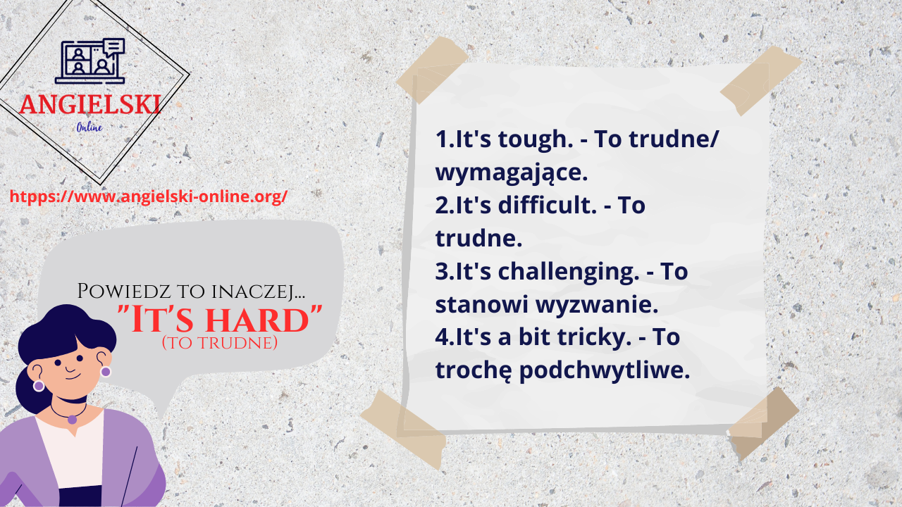 Zestaw fiszek „Powiedz to inaczej” – synonimy dla angielskiego wyrażenia IT'S HARD (It's tough, It's challenging). Materiały do nauki angielskiego od Angielski Online.