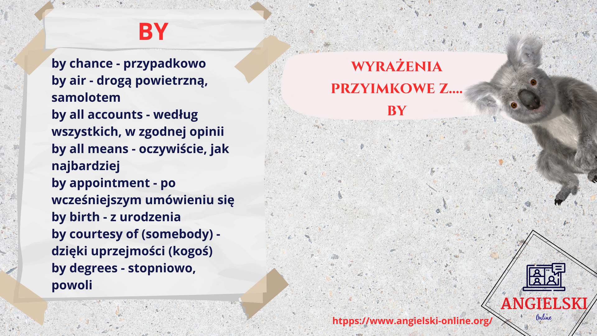 Zestaw fiszek „Wyrażenia przyimkowe” – angielskie zwroty z przyimkiem BY (by chance, by all accounts, by appointment). Materiały do nauki angielskiego od Angielski Online.