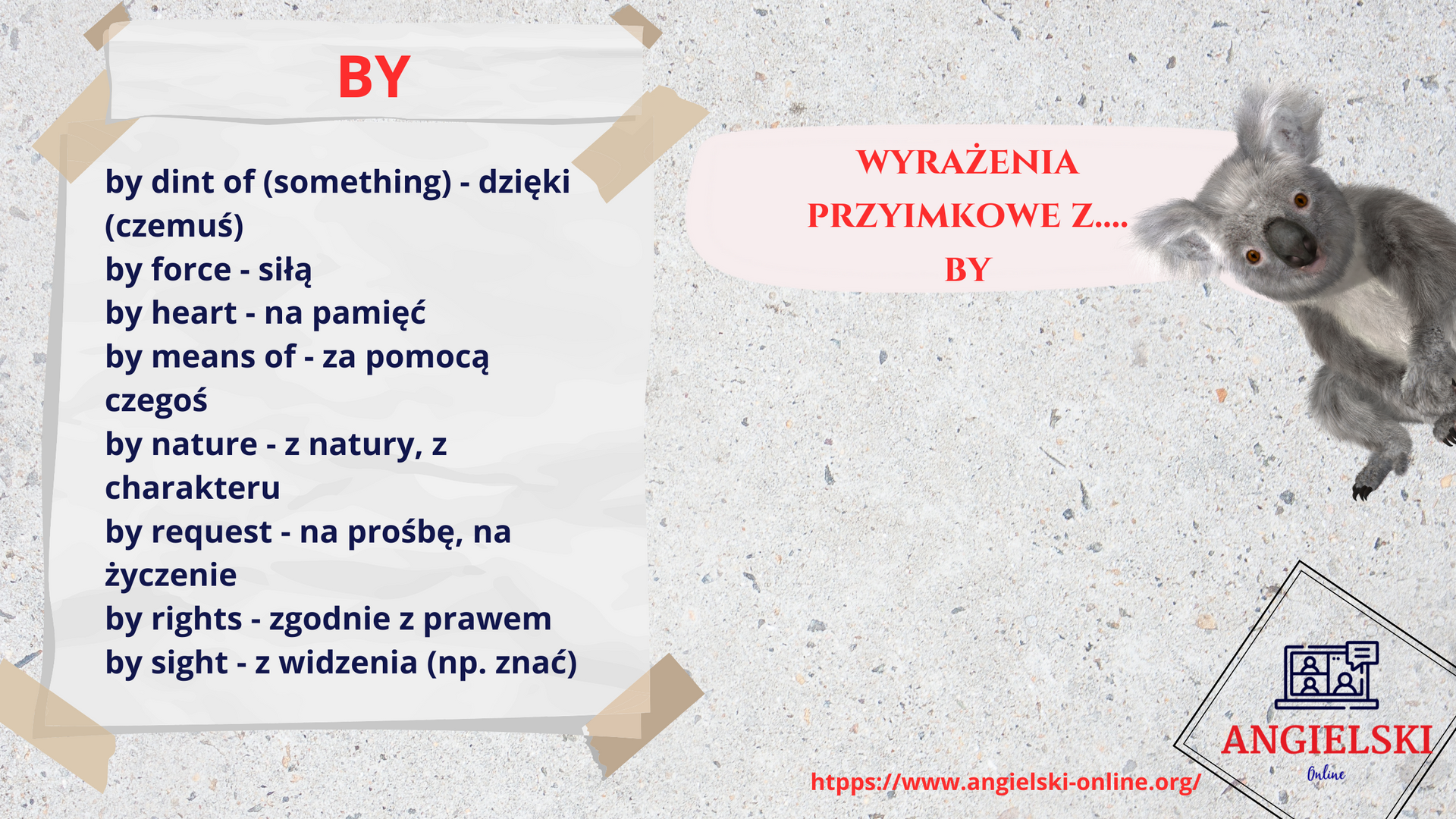 Zestaw fiszek „Wyrażenia przyimkowe” – angielskie zwroty z przyimkiem BY (by dint of, by force, by heart). Materiały do nauki angielskiego od Angielski Online.