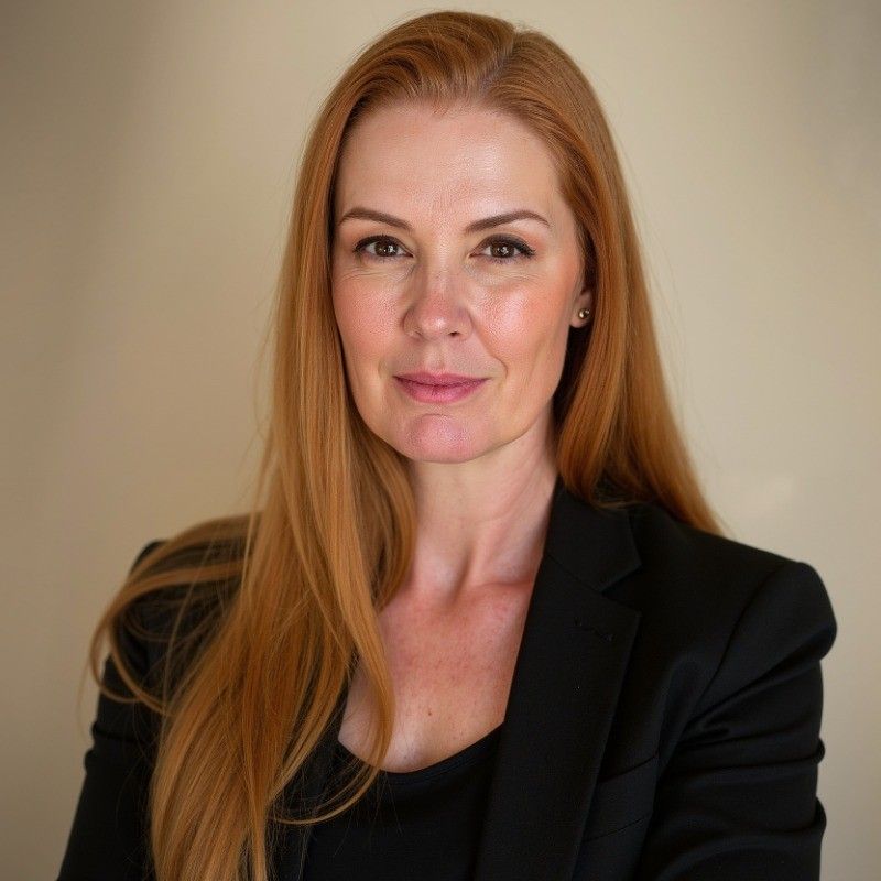 Portrait of a woman with long red hair in a black blazer against a beige background