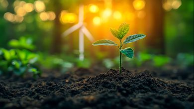 Small green sapling growing in dark soil with a blurred wind turbine in a warm, sunlit background