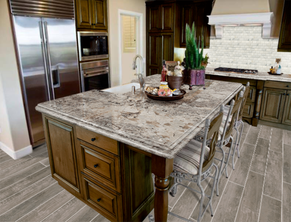 Kitchen with dark wood cabinetry, granite island with seating, stainless steel appliances, and tile floor.