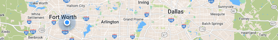 Map of the Dallas-Fort Worth area in Texas, highlighting Fort Worth and Dallas with blue location pins.