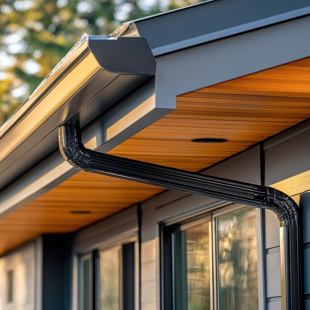 Black metal guttering on a modern home with natural wood soffits and dark gray siding.
