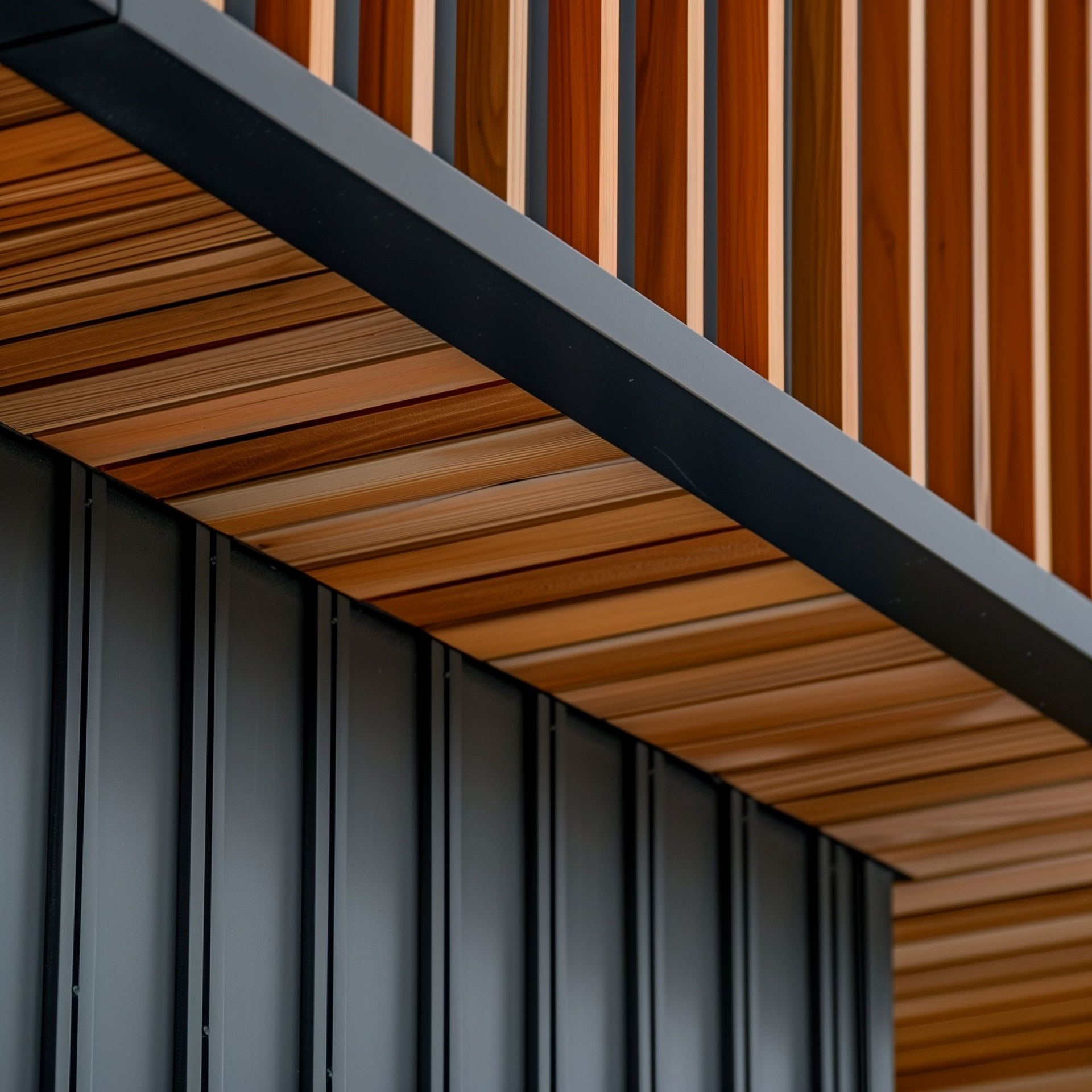 Close-up of a modern building facade with dark metal vertical panels and horizontal wooden slat cladding under an eave.