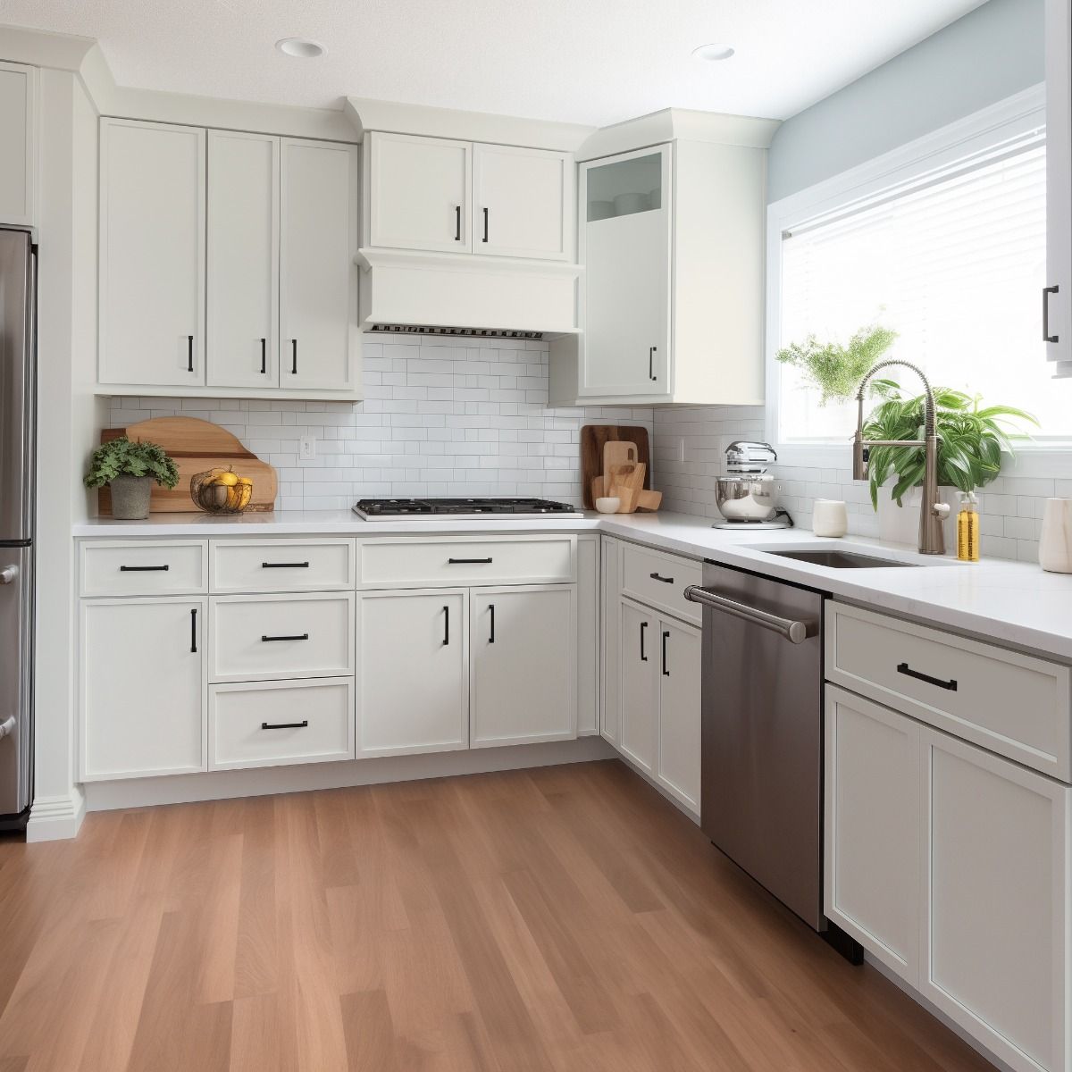 White kitchen with cabinets, appliances, countertops, and wood flooring.