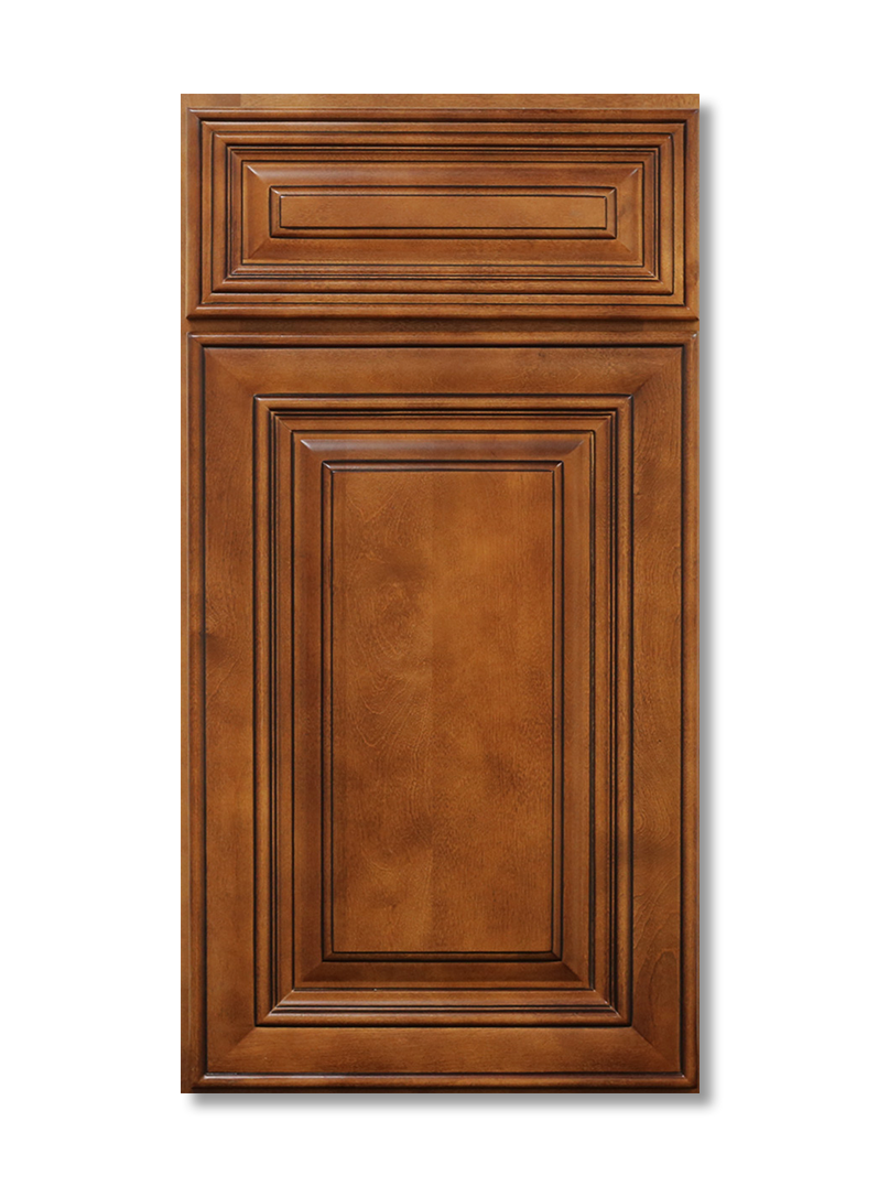 Wooden cabinet door with raised paneling and a medium brown finish.