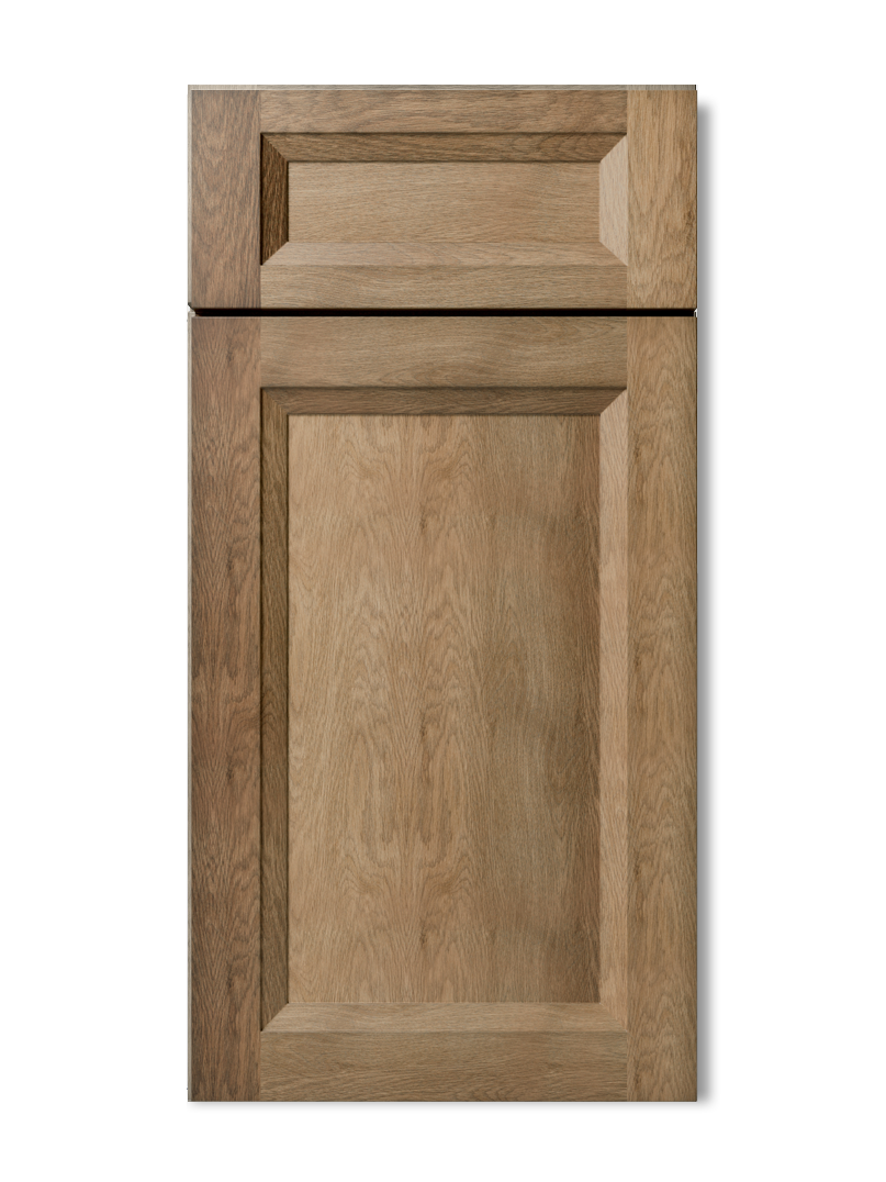 Wooden cabinet door with raised panel in a light brown color.