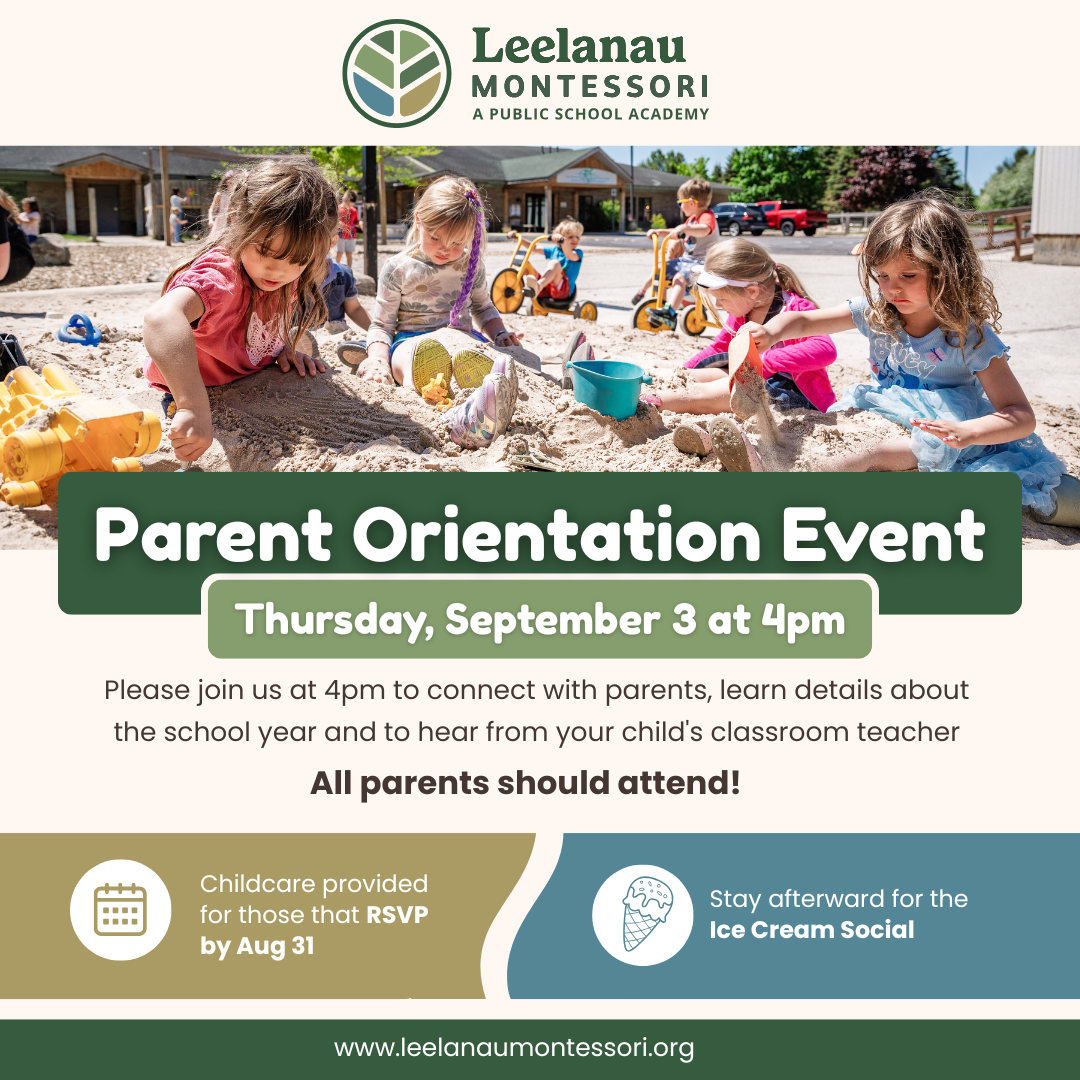 Parent orientation event poster with date, time, school logo, and family photo