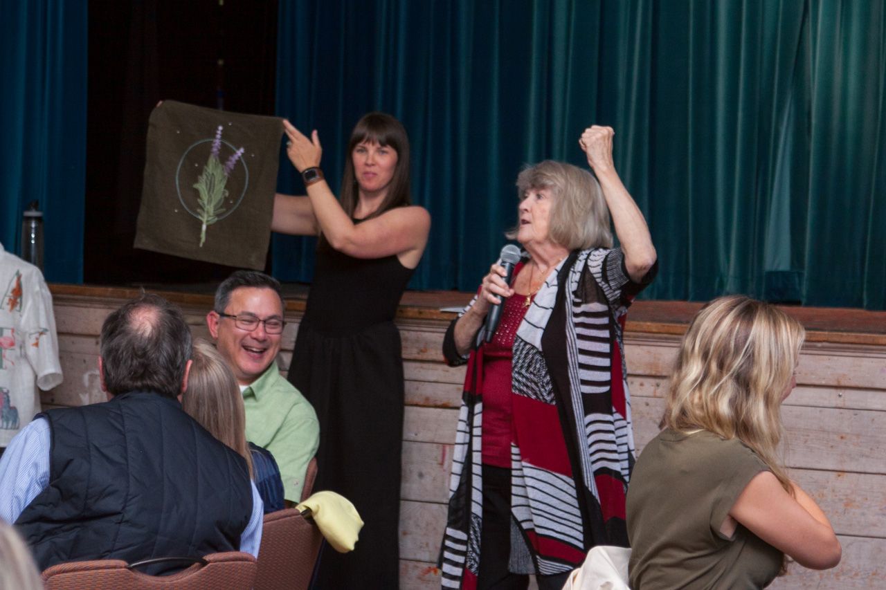 Two women on stage with microphones and raised arms, speaking to a seated audience in a dim room.