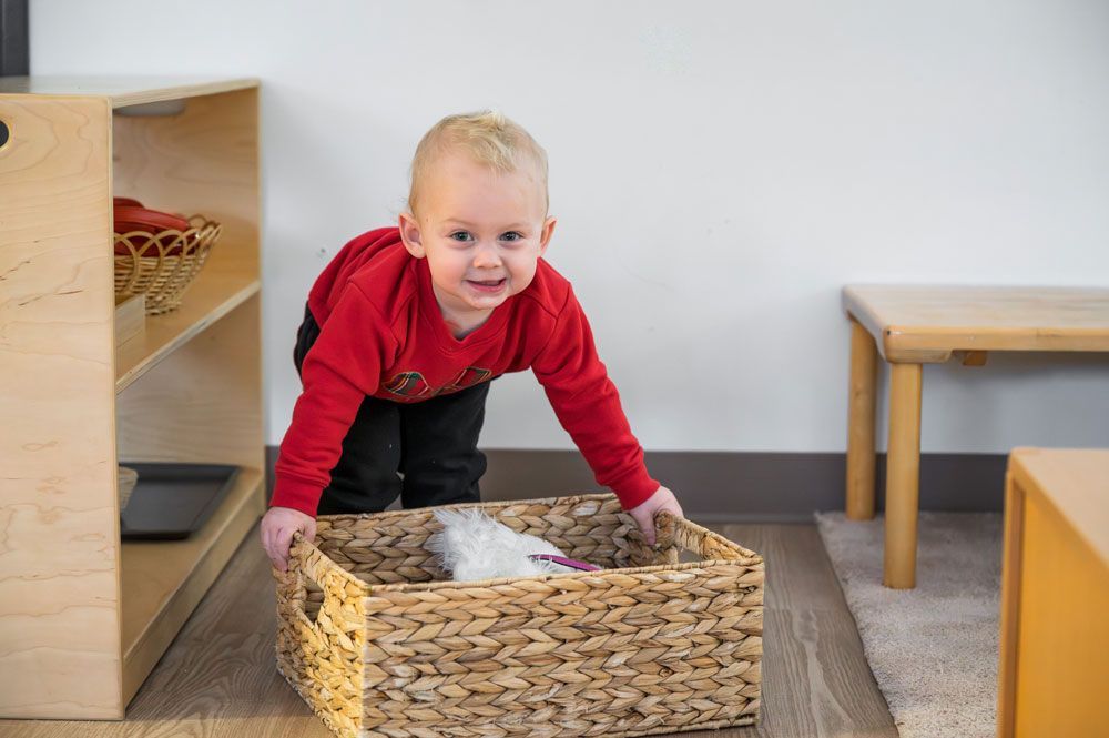 Montessori child pushing basket