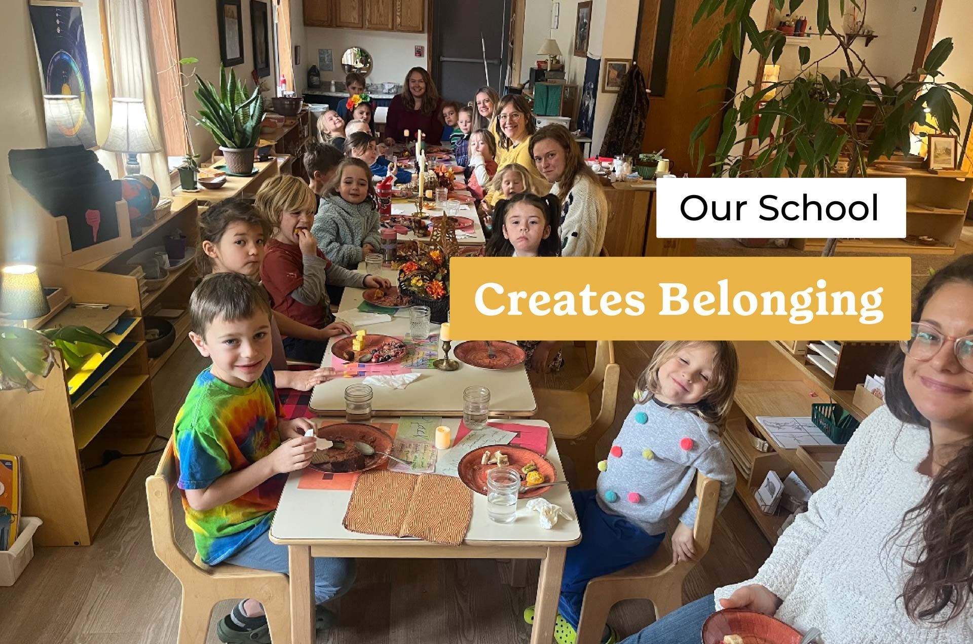 montessori children sharing meal together at classroom table