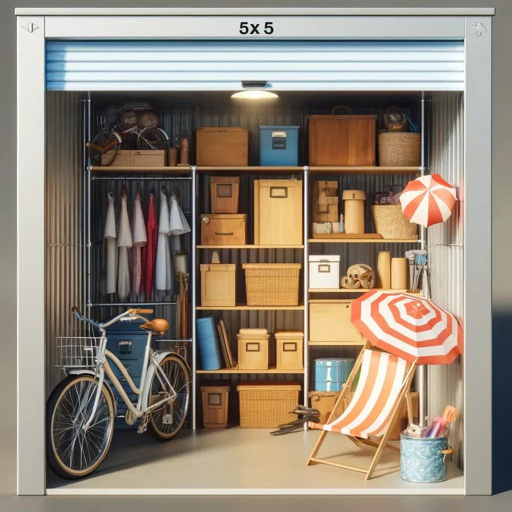 A 5x5 storage unit filled with belongings, including a bicycle, boxes, and beach gear.