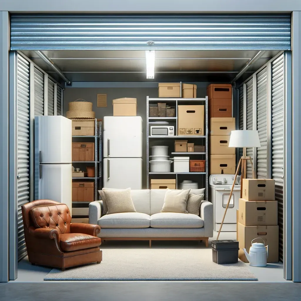 Storage unit filled with furniture, boxes, and appliances; open door.