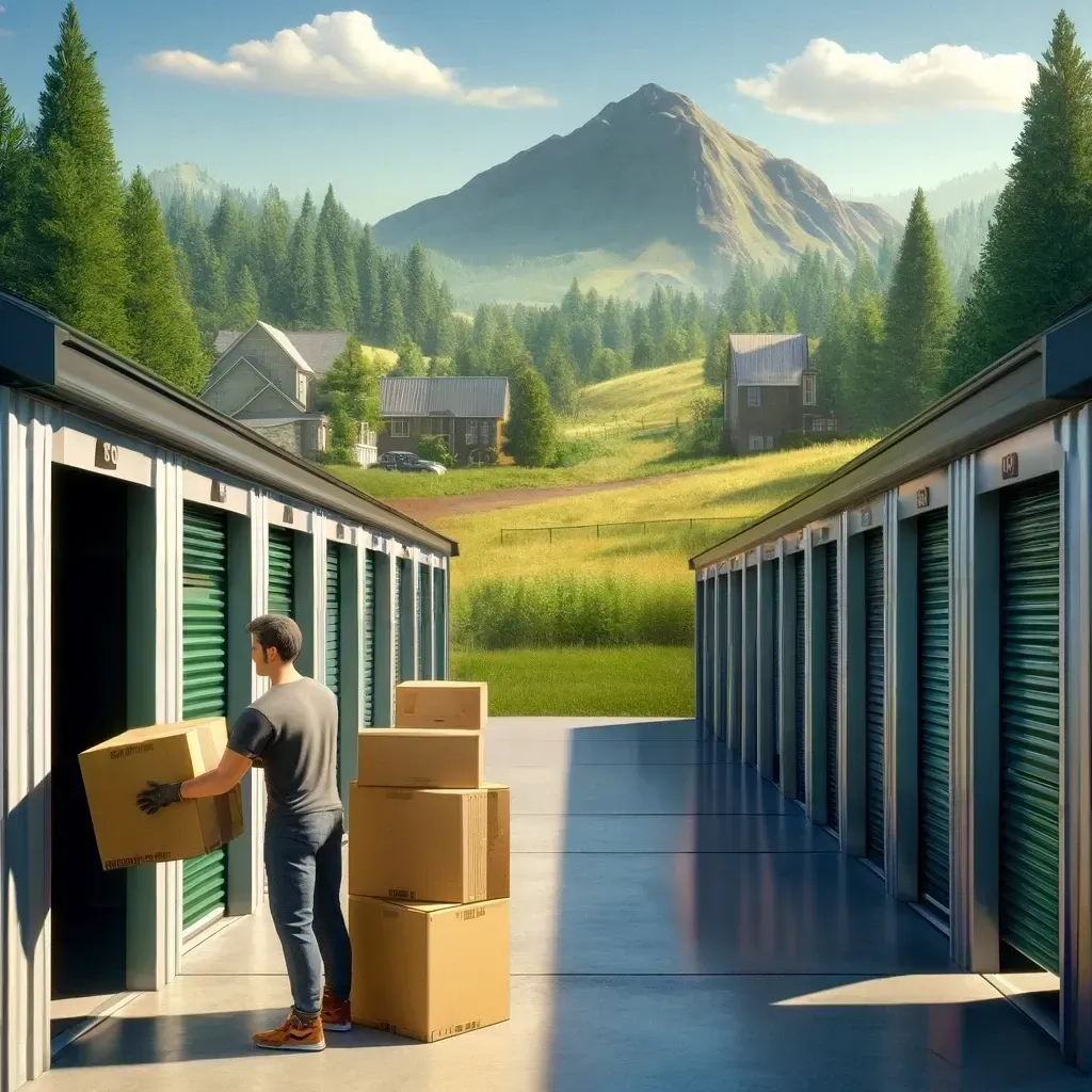 Man loading boxes into a storage unit; rural outdoor setting with houses and a mountain in the background.
